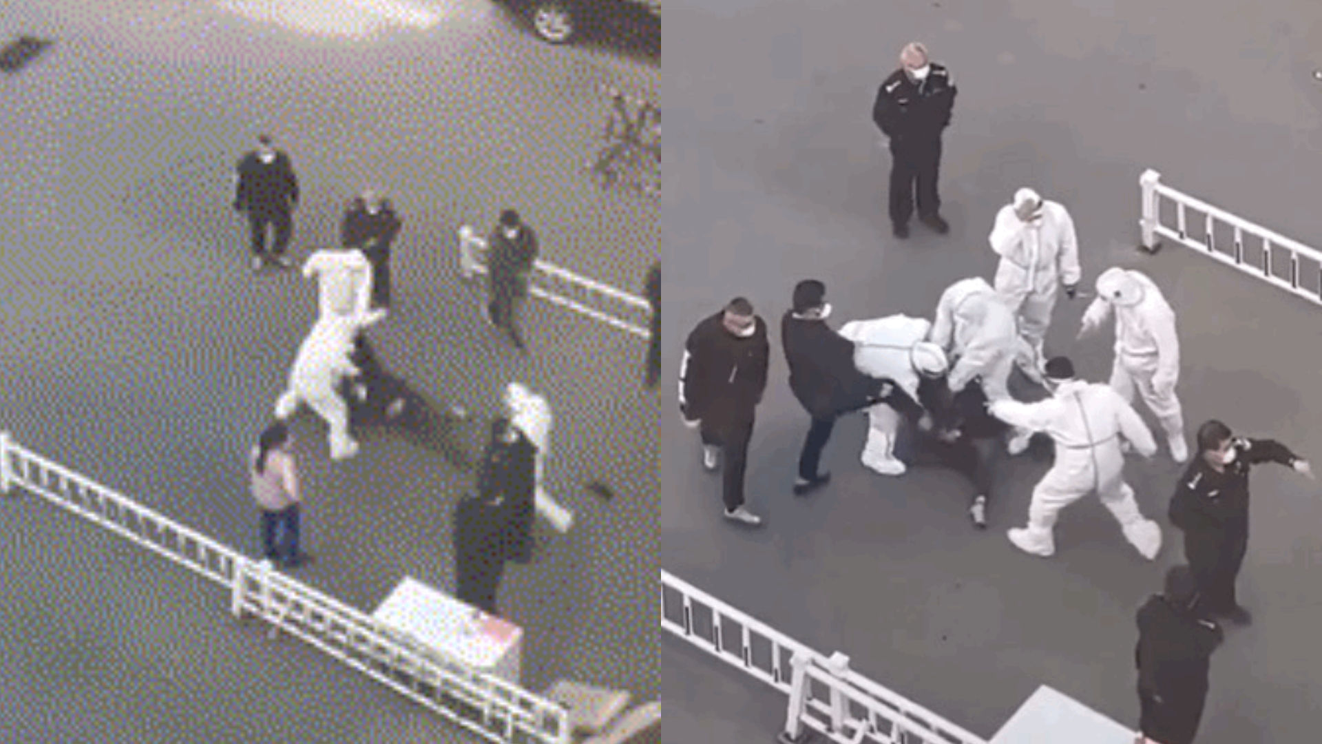 Two stills showing people in protective clothing in a street