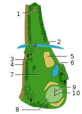 Diagram of a golf hole showing the tee, fairway, hazards and green
