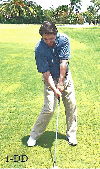 Golfer demonstrating the body and club position at impact
