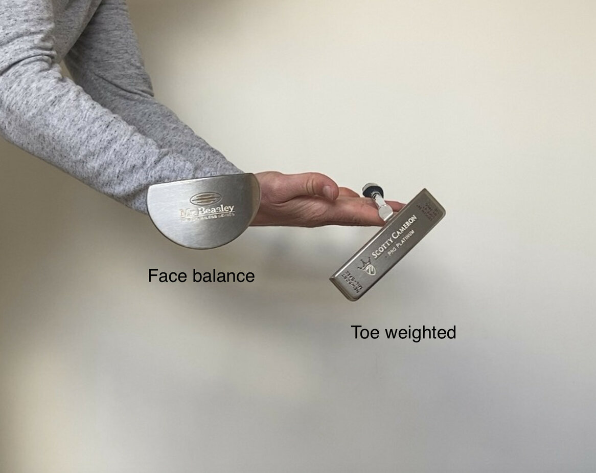 Diagram comparing face-balanced and toe-weighted putters