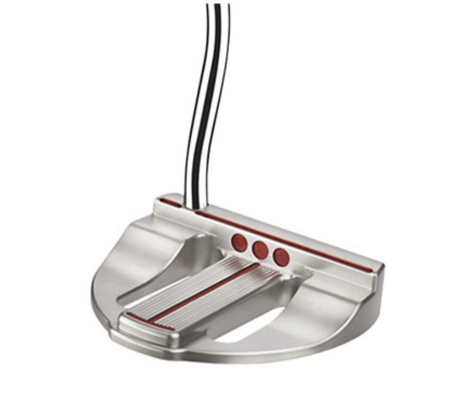 Silver mallet putter with red weights