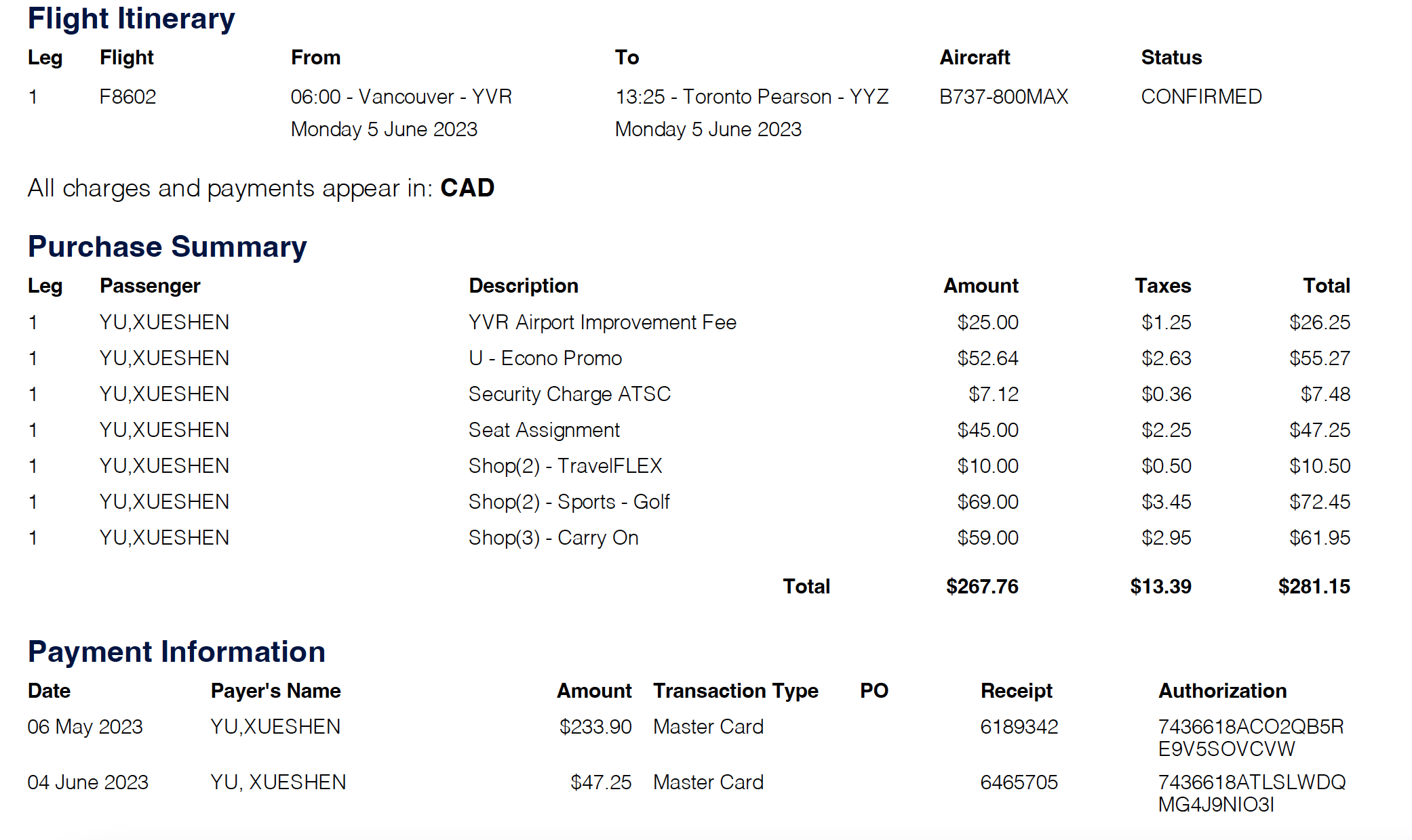 Screenshot of a flight itinerary, purchase summary and payment information