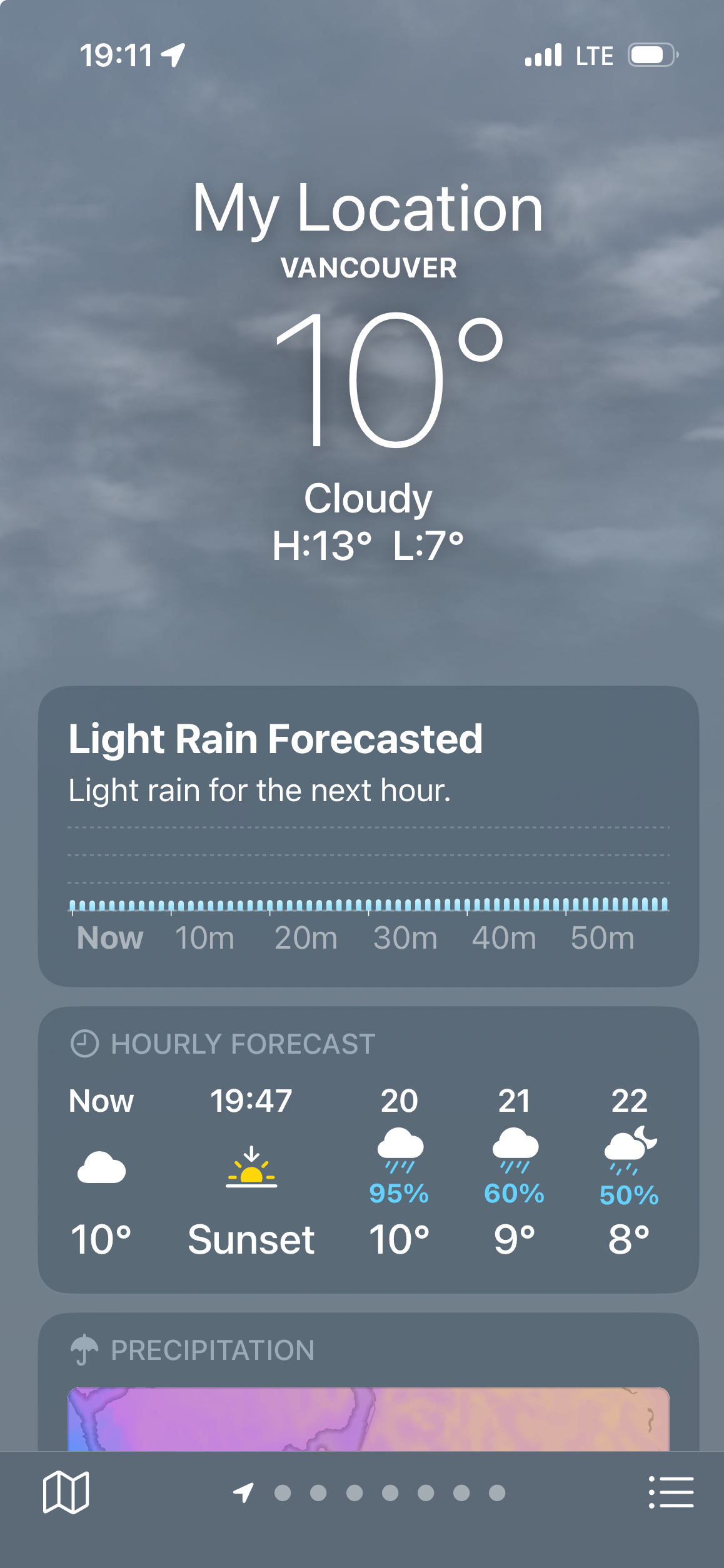 Vancouver weather screenshot showing cloudy conditions and light rain forecast