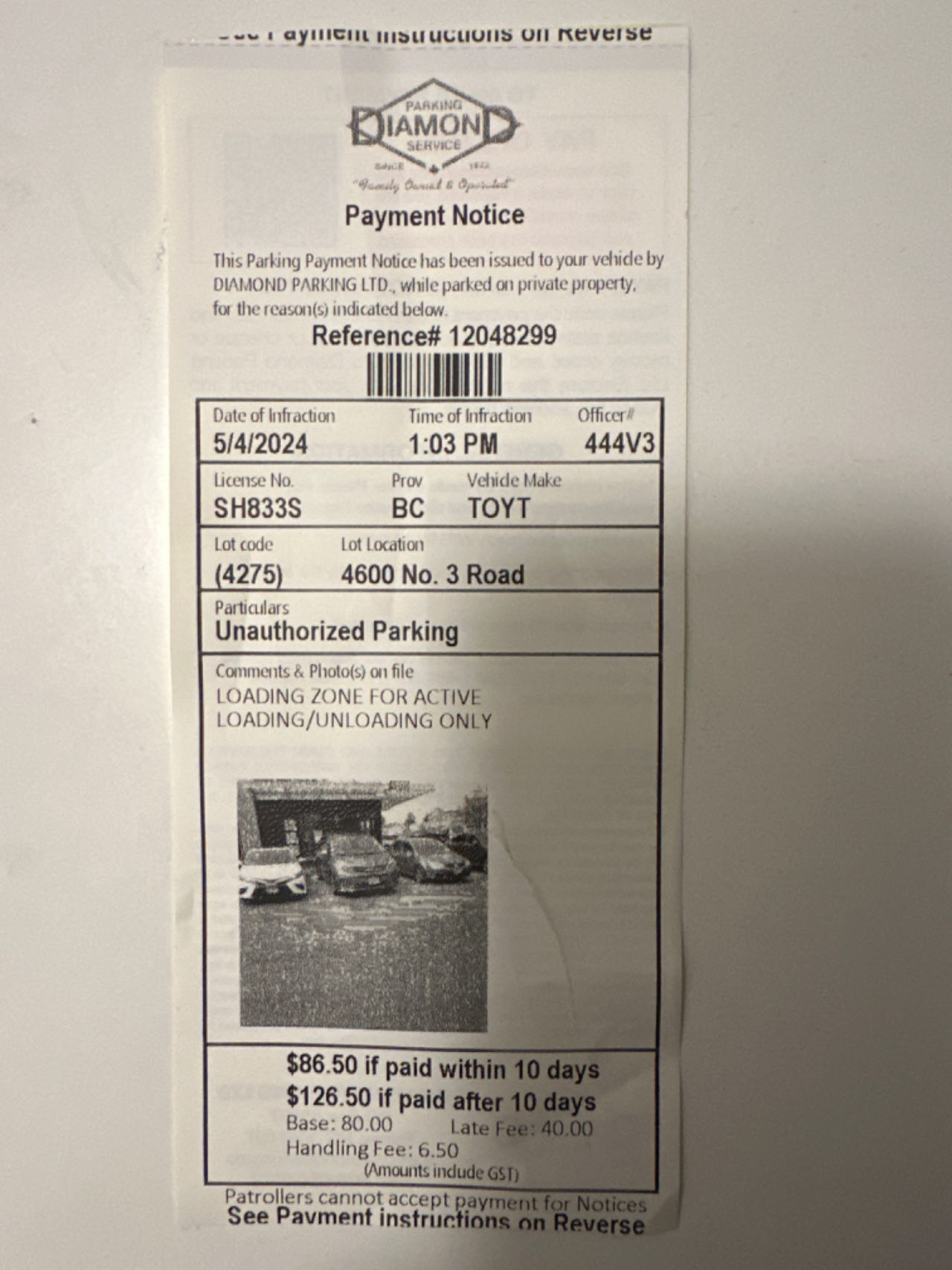 Photograph of a parking payment notice