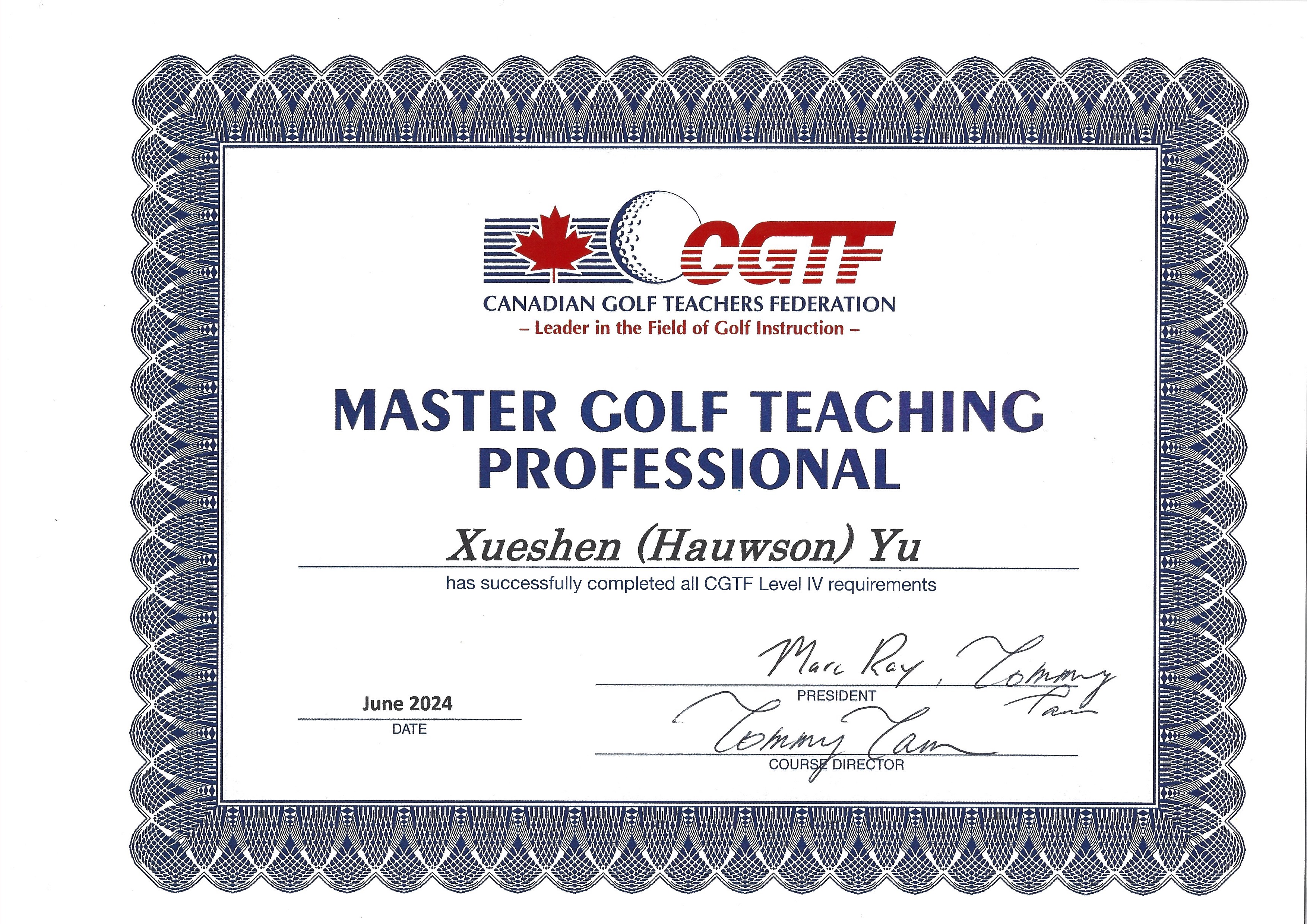 CGTF Master Golf Teaching Professional certificate for Xueshen (Hauwson) Yu